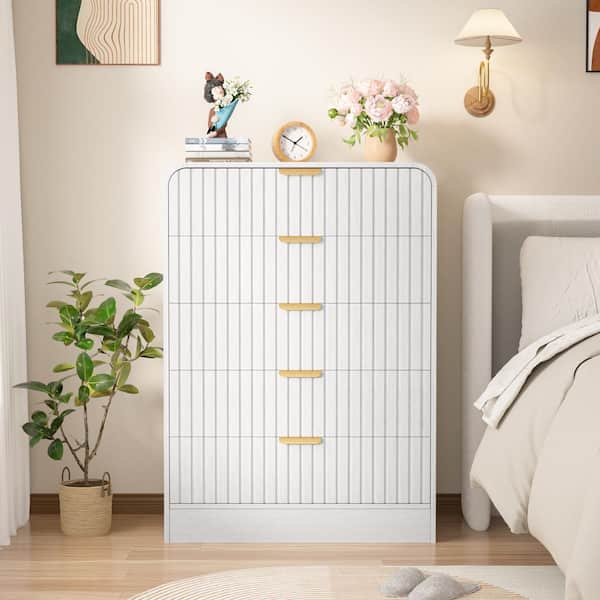 White 5-Drawer 31.5 in. W MDF Rounded Corner Dressers Chest of Drawers with Metal Handles