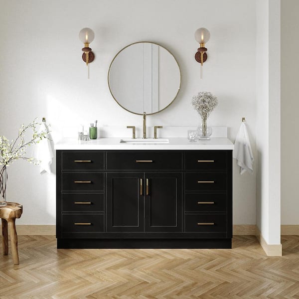 ARIEL Hepburn 60 in. Single Sink Freestanding Bathroom Vanity in Black with Pure White Quartz Top