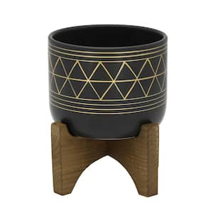 Mid-Century 5 in. Black/Gold Line Ceramic Geometric Pot with Wood Stand Planter