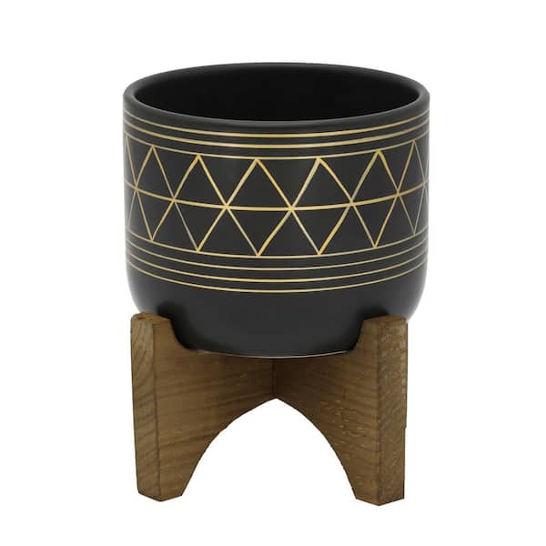 Flora Bunda Mid-Century 5 in. Black/Gold Line Ceramic Geometric Pot with Wood Stand Planter