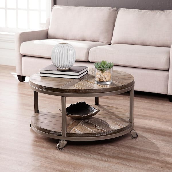 Southern Enterprises Stilson 32 in. Distressed Gray/White-limed Burnt Oak Round Wood Top Coffee Table with Casters