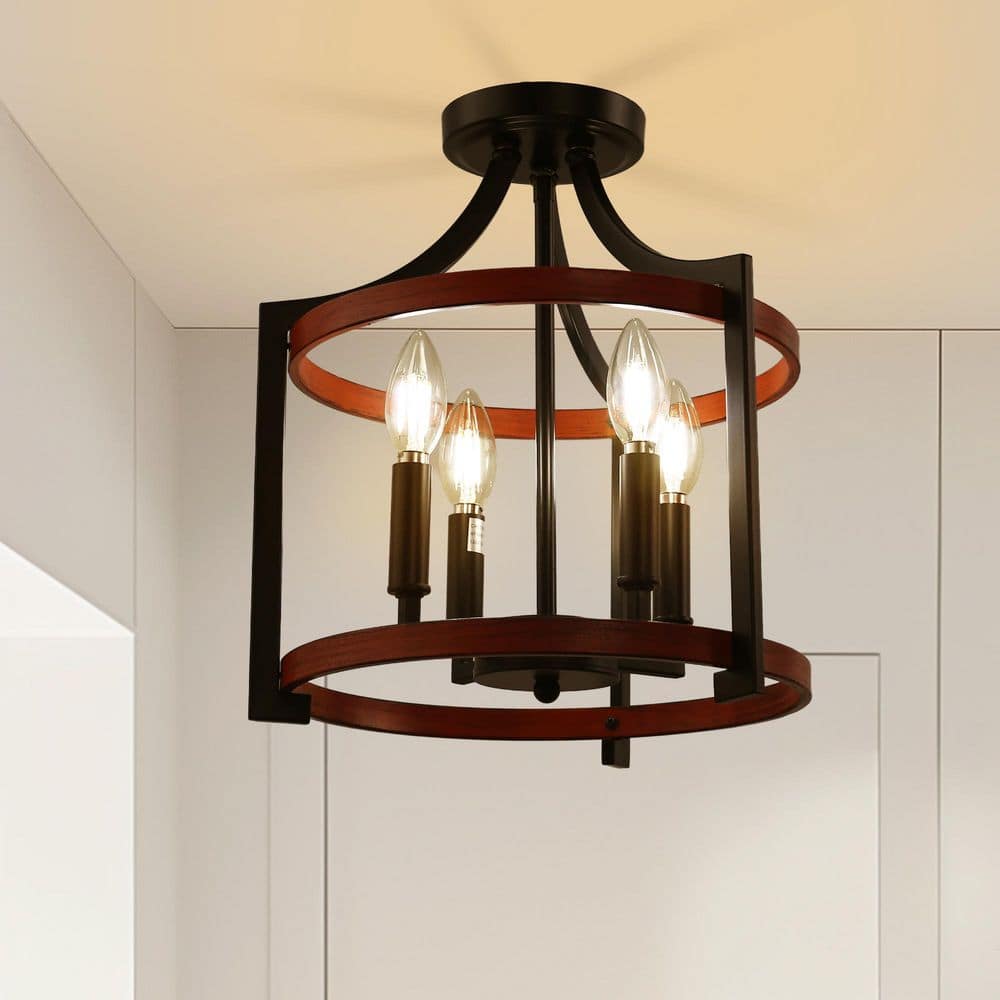 4-Light Black and Dark Wood Grain Drum Pendant Light, Rustic Farmhouse Convertible Semi-Flush Mount Chandelier price history on PriceWatchPro