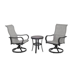3-Piece Aluminum All Weather Patio Grey Bistro Set, 2 Sling Seat Swivel Rockers, 19 in. Dia Tile Top Round Table