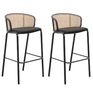 Ervilla Modern 29.5 in Wicker Bar Stool with Fabric Seat and Black Powder Coated Metal Frame, Set of 2 (Black)