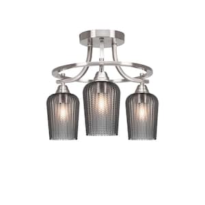 Madison 15 in. 3-Light Brushed Nickel Semi-Flush Mount with Smoke Textured Glass Shade
