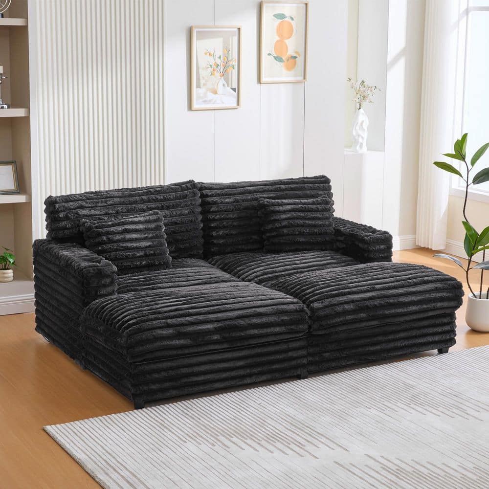 Harper & Bright Designs Black Oversized Double Chaise Lounge Plush Faux ...