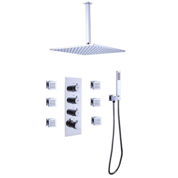 3-Spray 12 in. Ceiling Mount Square Wall Bar Shower Kit with 6 Body Spray and Brass Handheld Shower in Chrome