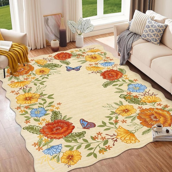 Wavy Edge Decorative Machine Washable Vintage Floral Printed Carpet for Bedroom Apartment Yellow 8 ft. x 10 ft. Area Rug