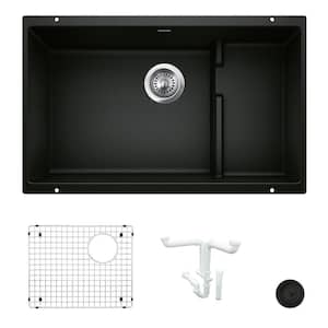 Precis 28.75 in. Undermount Single Bowl Coal Black Granite Composite Kitchen Sink Kit with Accessories