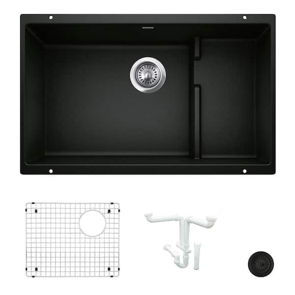 Blanco Precis 28.75 in. Undermount Single Bowl Coal Black Granite Composite Kitchen Sink Kit with Accessories