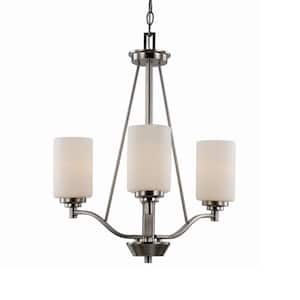 Mod Pod 3-Light Brushed Nickel Candle Chandelier Light Fixture with Frosted Glass Cylinder Shades