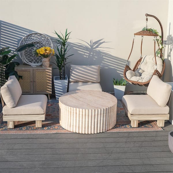 Origin 4-Piece Aluminum Patio Conversation Set with Beige Cushions, 41.73 in. W Round Magnesium Oxide Coffee Table