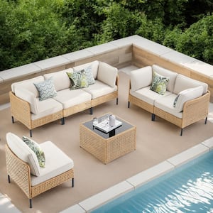 Nyajiah 7-Piece Yellow Wicker Outdoor Sectional Set with Beige Cushions