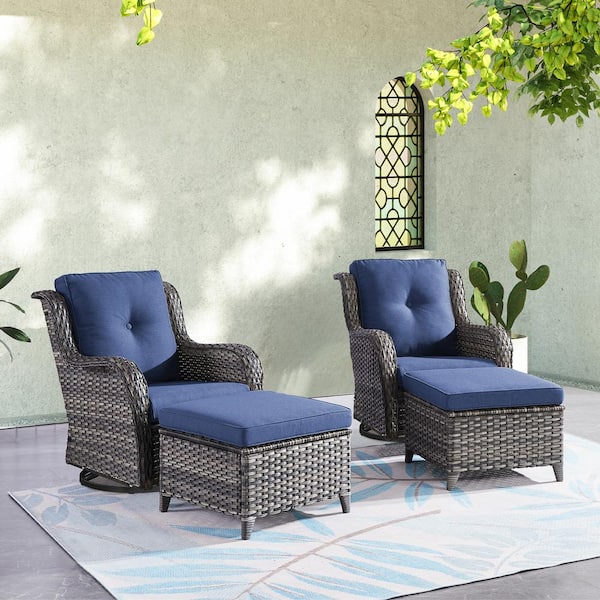 ArcoBay 4-Piece Gray Wicker Outdoor Rocking Chair Patio Swivel Chairs with Navy Blue Cushions and Ottomans