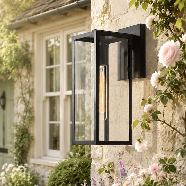 Modern Black 1-Light Outdoor Wall Lantern Industrial Rectangle Exterior Wall Sconce with Clear Glass Shade for Patio