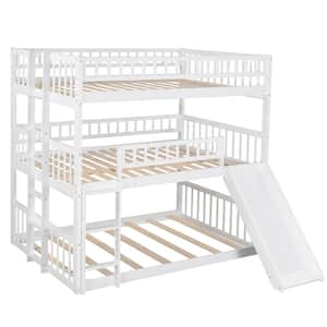 White Full-Over-White Full-Over-Full Triple Bed with Built-in Ladder and Slide, Triple Bunk Bed with Guardrails