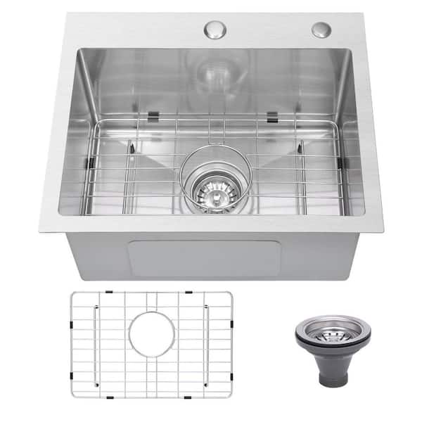 25 in. Drop In Single Bowl 18 Gauge Stainless Steel Kitchen Sink with Bottom Grid and Drain Assembly with Strainer