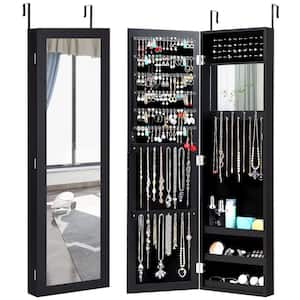 Rectangular Black Wood Mirrored Jewelry Cabinet Armoire Storage Organizer