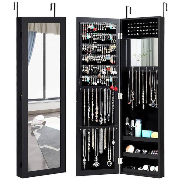 Costway Rectangular Black Wood Mirrored Jewelry Cabinet Armoire Storage Organizer