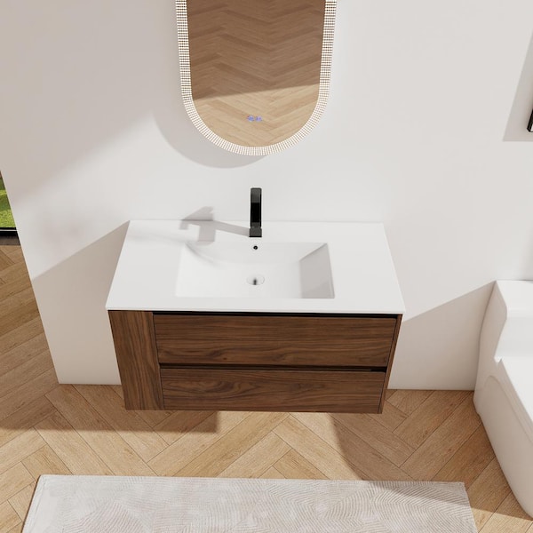 36 in. W x 18 in. D x 20 in. H Wall-mounted Bathroom Vanity in Brown Oak with White Ceramic Top