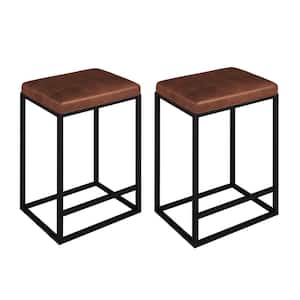 24 in. Brown Backless Metal Frame Bar Stool with Faux Leather Seat (Set of 2)
