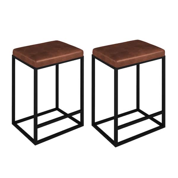 Wateday 24 in. Brown Backless Metal Frame Bar Stool with Faux Leather Seat (Set of 2)