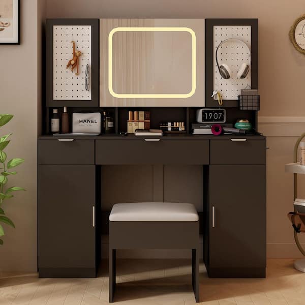 2-Piece Black Makeup Vanity Set with Mirror Cabinet