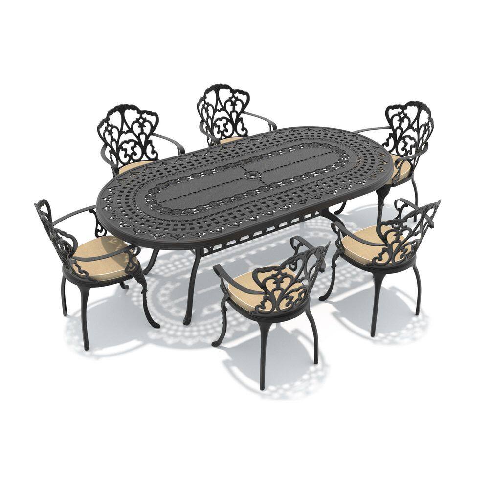7-Piece Aluminum Patio Outdoor Dining Set with 6 Chairs, Oval Table, Umbrella Hole and Off-White Cushions price history on PriceWatchPro