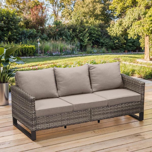 Uva Nest Gray 1-Piece Wicker Outdoor 3-Seater Wicker Sofa, Patio Furniture Rattan Couch with Gray Cushions for Backyard