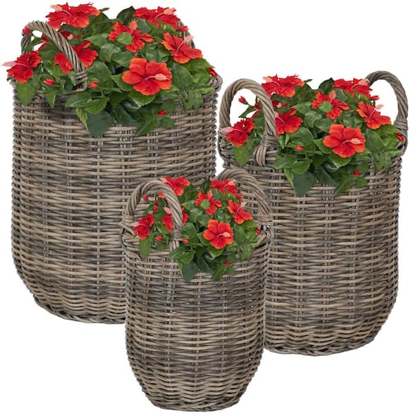 Sunnydaze Round Polyrattan Basket Planter with Handles (Set of 3)