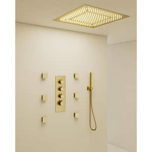 Thermostatic Valve 7-Spray 20 in. LED Ceiling Mount Dual Shower Head and Handheld Shower in Brushed Gold