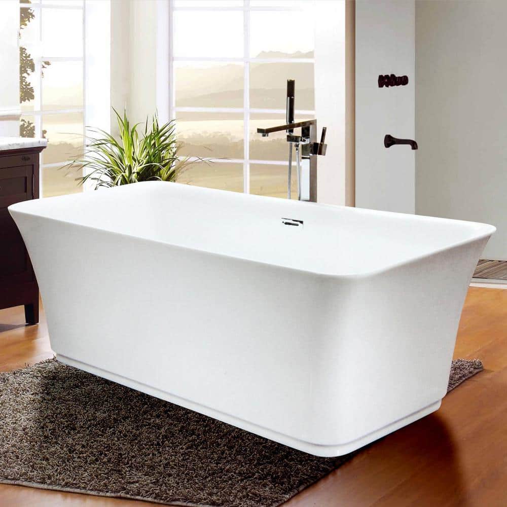 59 in. Acrylic Flatbottom Center Drain Rectangular Freestanding Soaking Bathtub in White with Chrome Overflow and Drain price history on PriceWatchPro