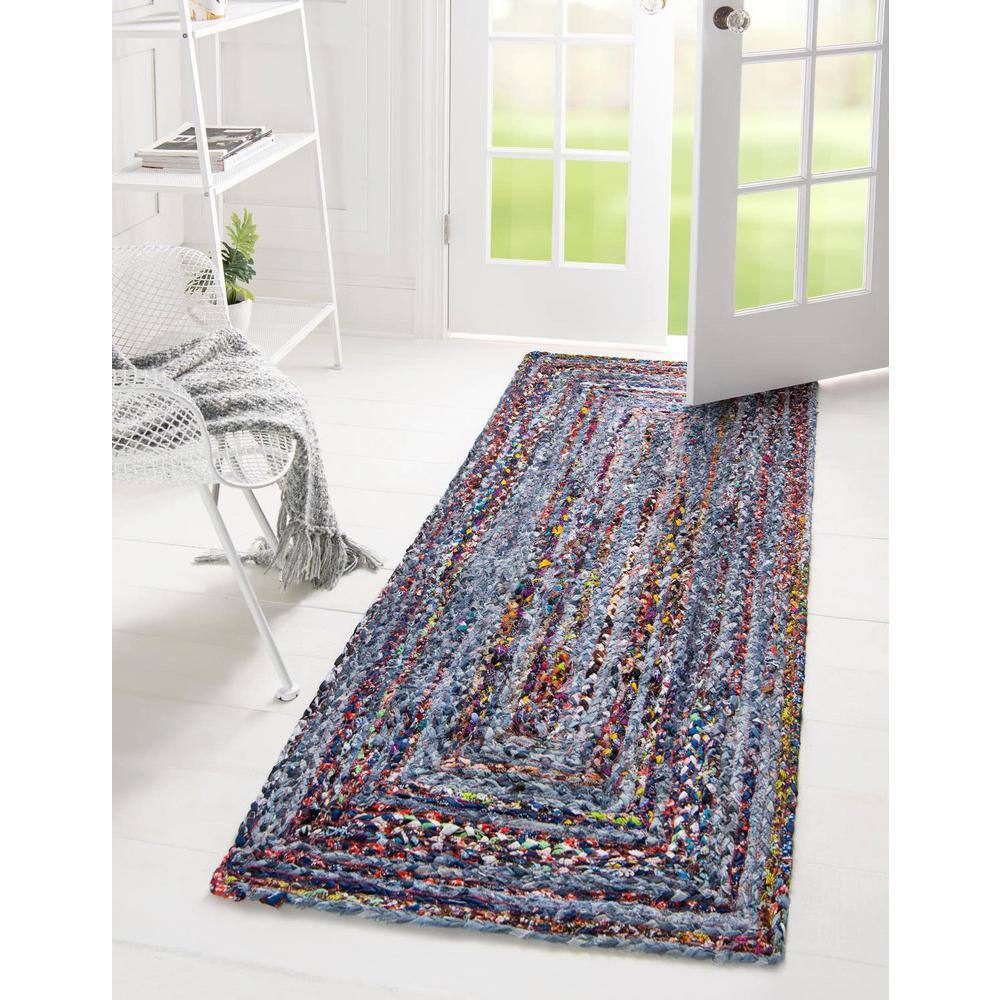 Handmade Blue and Multi Braided Cotton Runner Rug