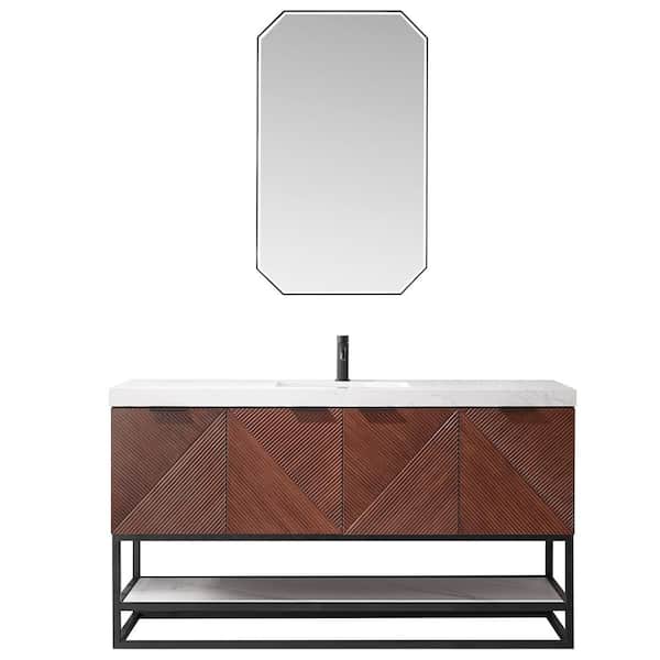 ROSWELL Mahon 60 in. W x 22 in. D x 33.9 in. H Single Sink Bath Vanity in Walnut with White Grain Composite Stone Top and Mirror