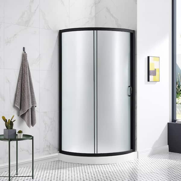 OVE Decors Breeze 32 in. L x 32 in. W x 76.97 in. H Corner Shower Kit with Frosted Framed Sliding Door in Black and Shower Pan