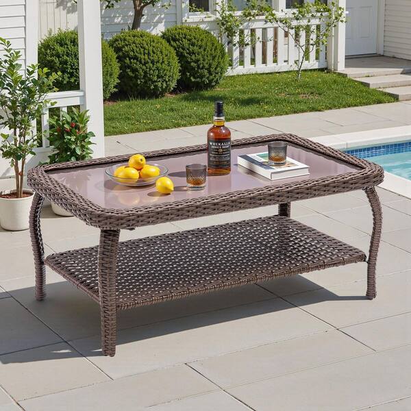 TimberLeg Brown Rectangle Wicker Outdoor Coffee Table with Tempered Glass Top