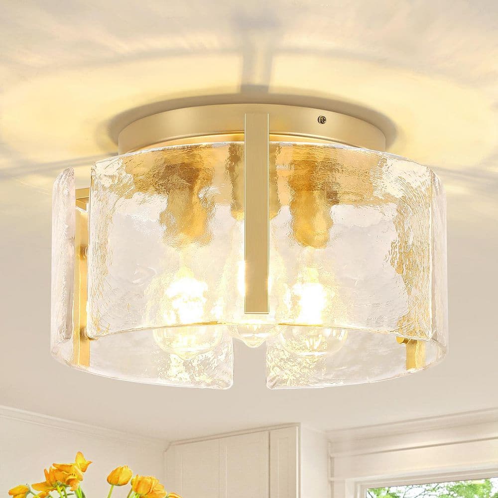 14.96 in. 3-Light Gold Modern Flush Mount Ceiling Light with Water Glass Shade price history on PriceWatchPro