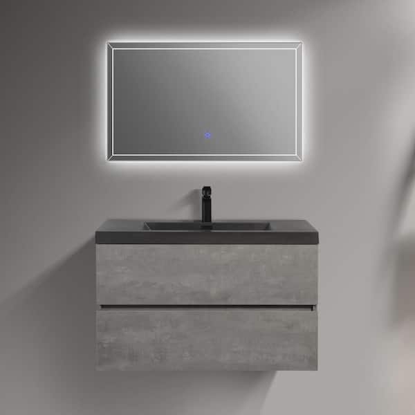 Abruzzo EDI 36 in. W x 18.7 in. D x 19.7 in. H Wall Mount Floating Bathroom Vanity in Gray with Black Quartz Sand Surface Top