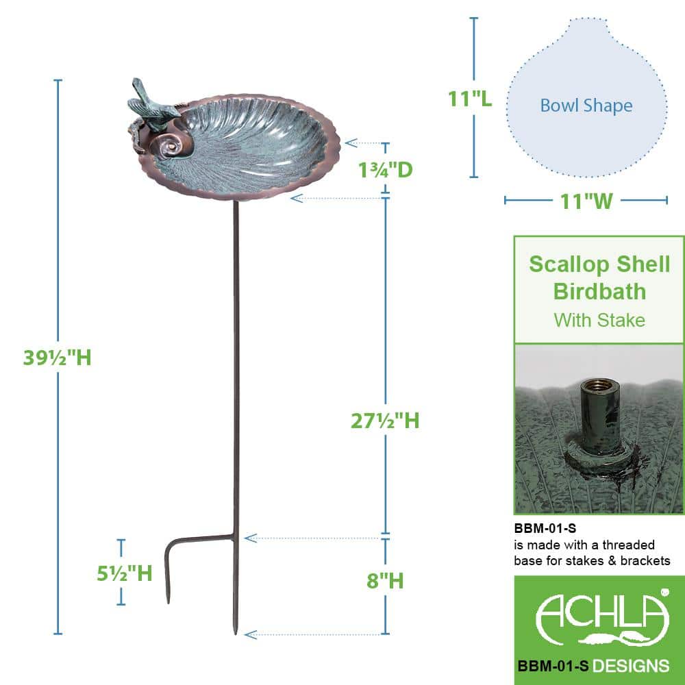 Antique Brass Scallop Shell Birdbath with Stake