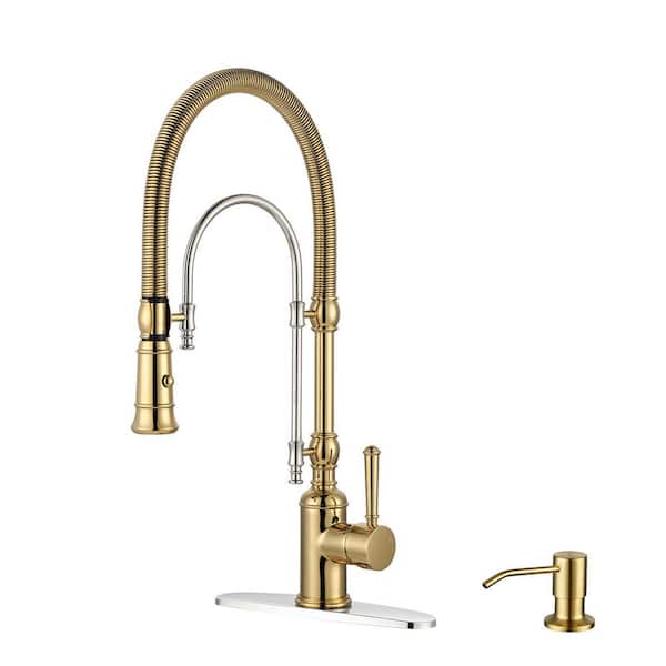 Single-Handle Deck-Mount Semi-Commercial Spring Pull-Down Sprayer Kitchen Faucet with Soap Dispenser in Gold and Chrome