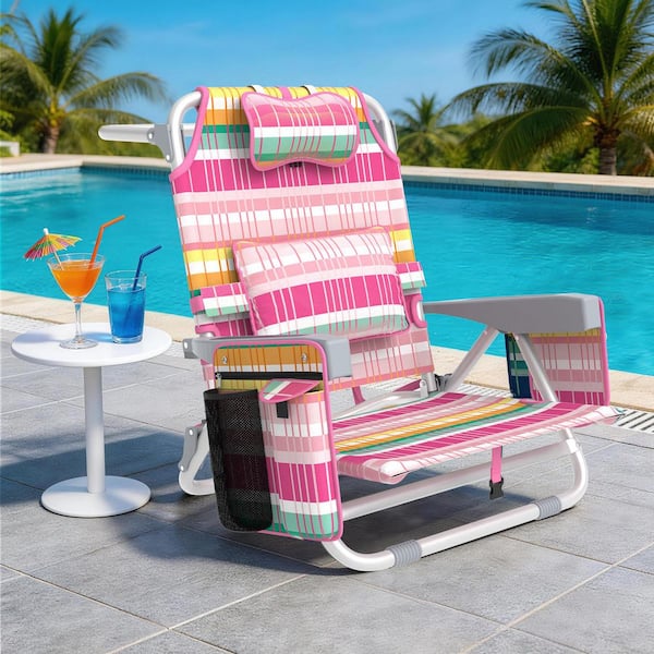 Beach Chair 5-Position Adjustable Backpack Cooler Bag 350 lb. Heavy-Duty Metal Folding Camping Chair Lumbar Pillow