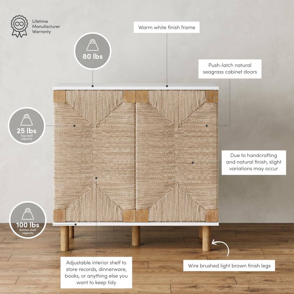 Beacon White and Seagrass Freestanding Storage Cabinet with Adjustable Shelving