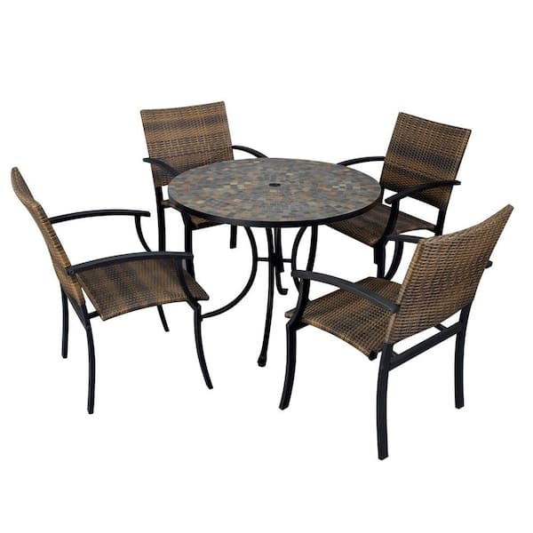 HOMESTYLES Stone Harbor 51 in. 5-Piece Slate Tile Top Round Patio Dining Set with Newport Chairs