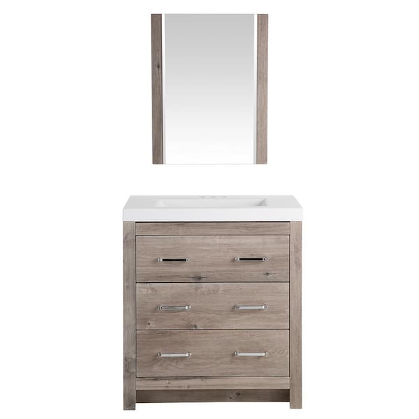 Glacier Bay Woodbrook 30 in. W Bathroom Vanity in White Washed Oak with Cultured Marble Vanity Top in White with Mirror