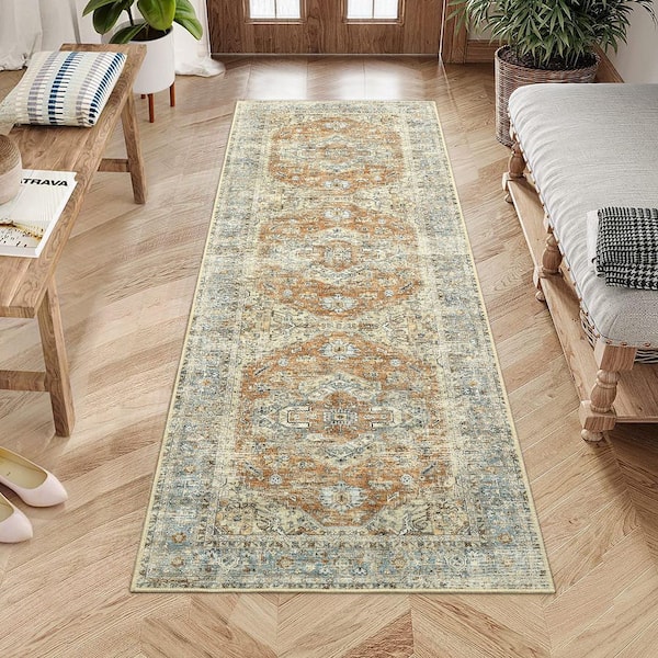 Vintage Printed Carpet Soft Thin Rug Interior Decoration for Bedroom Living Room Kitchen Orange，2x6ft