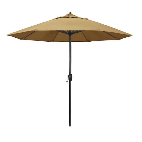 California Umbrella 9 ft. Black Aluminum Market Patio Umbrella Auto Tilt in Wheat Sunbrella
