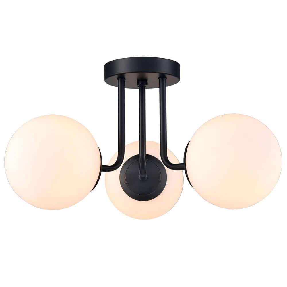 Opal Matte Black and White Glass Globe LED Semi-Flush Mount Light