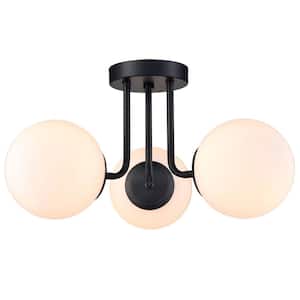 19.66 in. 3-Light Black Modern Semi-Flush Mount with Frosted Glass Shade and No Bulbs Included 1-Pack
