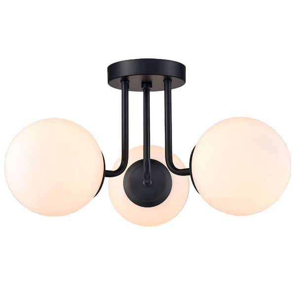 CLAXY 19.66 in. 3-Light Black Modern Semi-Flush Mount with Frosted Glass Shade and No Bulbs Included 1-Pack