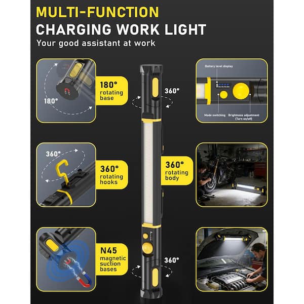 5V Black  5200mAh 3000 Lumens Rechargeable Integrated LED Work Light with Hooks for Under Hood Garage